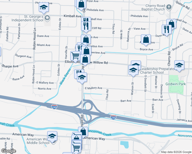map of restaurants, bars, coffee shops, grocery stores, and more near 3988 Elliston Road in Memphis