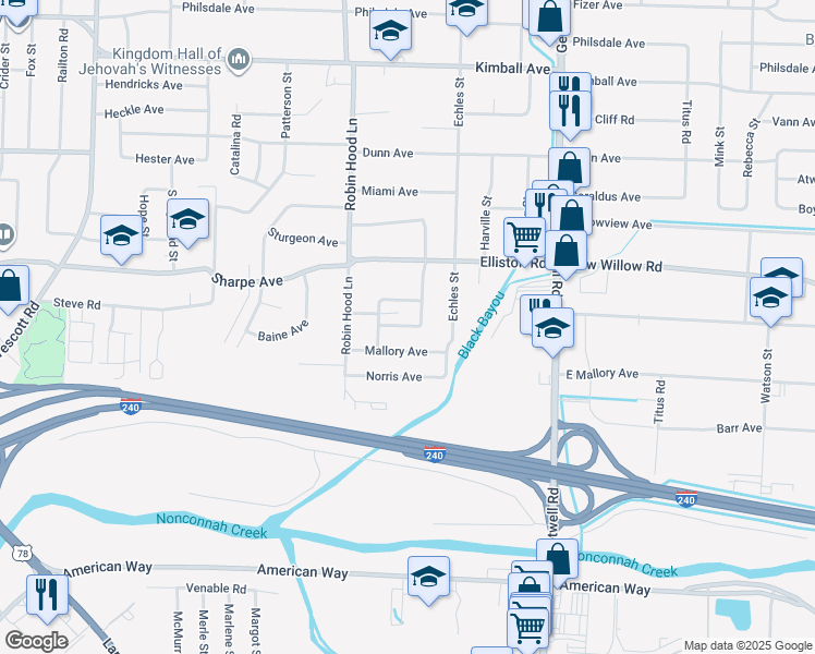 map of restaurants, bars, coffee shops, grocery stores, and more near 3766 Green Bush Place in Memphis