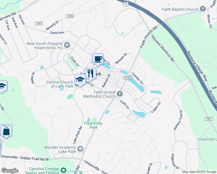 map of restaurants, bars, coffee shops, grocery stores, and more near 3810 York Alley in Indian Trail