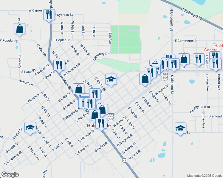 map of restaurants, bars, coffee shops, grocery stores, and more near 112 East 9th Street in Holdenville