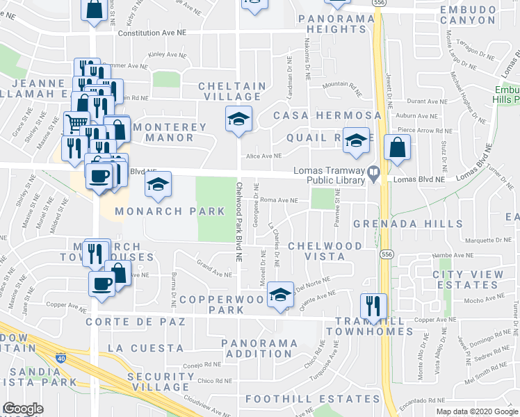 map of restaurants, bars, coffee shops, grocery stores, and more near 836 Georgene Drive Northeast in Albuquerque