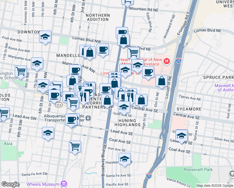 map of restaurants, bars, coffee shops, grocery stores, and more near 300 Tijeras Avenue Northeast in Albuquerque