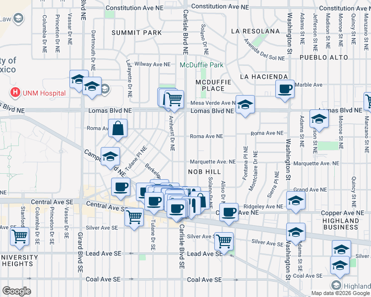 map of restaurants, bars, coffee shops, grocery stores, and more near 433 Hermosa Drive Northeast in Albuquerque