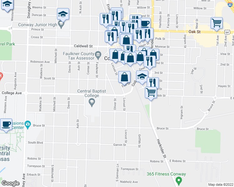 map of restaurants, bars, coffee shops, grocery stores, and more near 1372 College Avenue in Conway