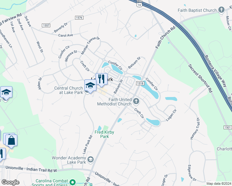 map of restaurants, bars, coffee shops, grocery stores, and more near 6308 Kloss Lane in Indian Trail