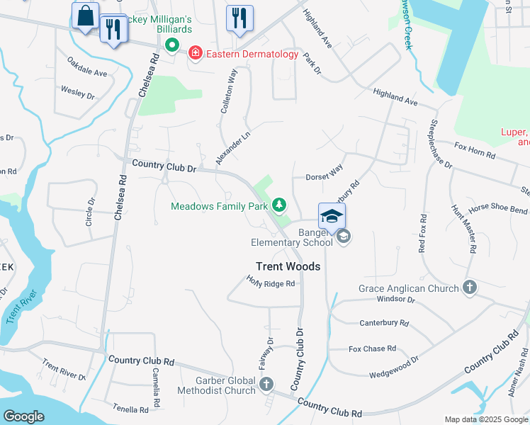 map of restaurants, bars, coffee shops, grocery stores, and more near 600 Country Club Drive in Trent Woods
