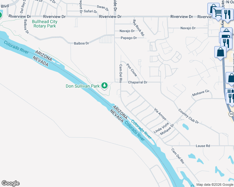 map of restaurants, bars, coffee shops, grocery stores, and more near Camino Del Rio Ct in Bullhead City