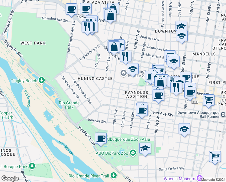 map of restaurants, bars, coffee shops, grocery stores, and more near 400 14th St SW in Albuquerque