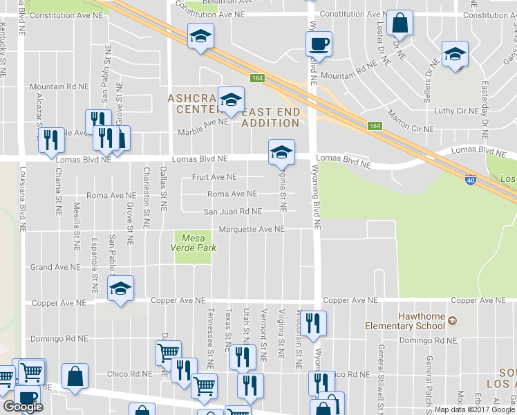 map of restaurants, bars, coffee shops, grocery stores, and more near 8311 San Juan Road Northeast in Albuquerque