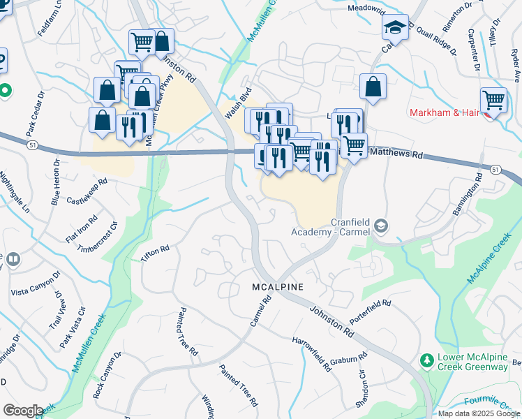 map of restaurants, bars, coffee shops, grocery stores, and more near 7817 Renaissance Court in Charlotte