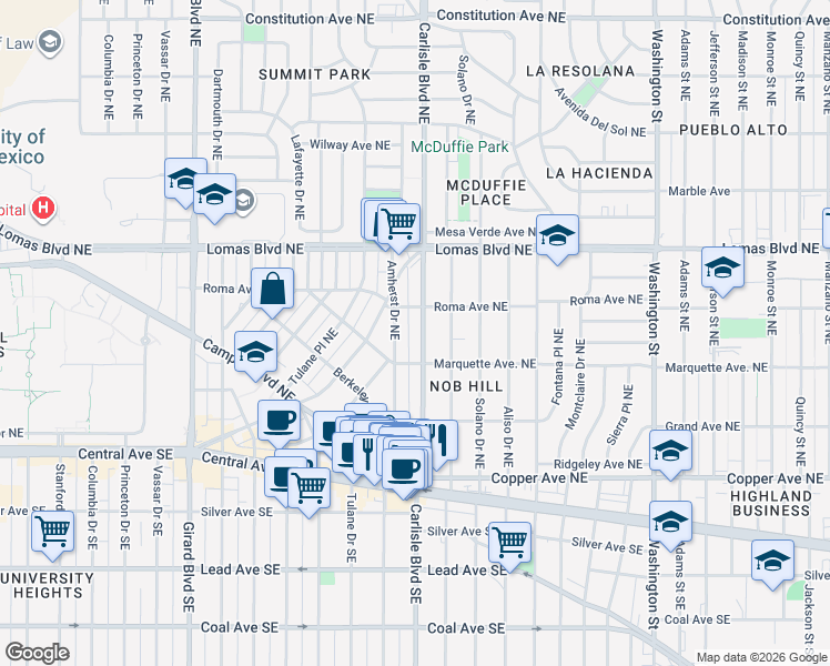 map of restaurants, bars, coffee shops, grocery stores, and more near 432 Amherst Drive Northeast in Albuquerque