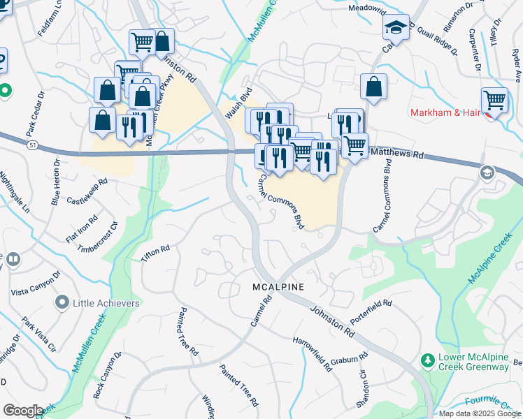 map of restaurants, bars, coffee shops, grocery stores, and more near 7819 Davinci Lane in Charlotte
