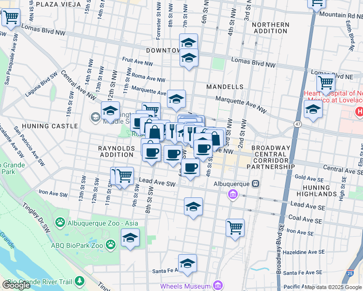 map of restaurants, bars, coffee shops, grocery stores, and more near 600 Central Avenue Southwest in Albuquerque