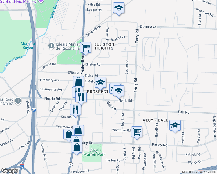 map of restaurants, bars, coffee shops, grocery stores, and more near 1450 East Mallory Avenue in Memphis