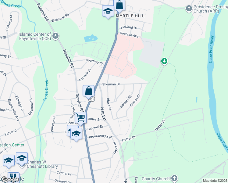 map of restaurants, bars, coffee shops, grocery stores, and more near 1919 Mimosa Lane in Fayetteville