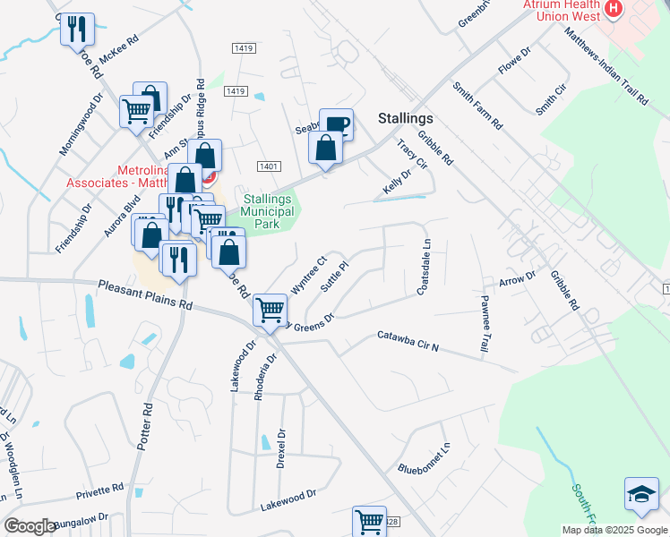 map of restaurants, bars, coffee shops, grocery stores, and more near 4045 Suttle Place in Matthews
