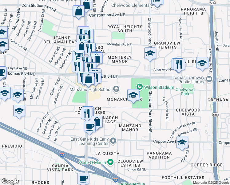 map of restaurants, bars, coffee shops, grocery stores, and more near 12200 Lomas Boulevard Northeast in Albuquerque