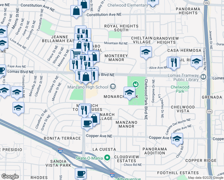 map of restaurants, bars, coffee shops, grocery stores, and more near 12200 Lomas Boulevard Northeast in Albuquerque