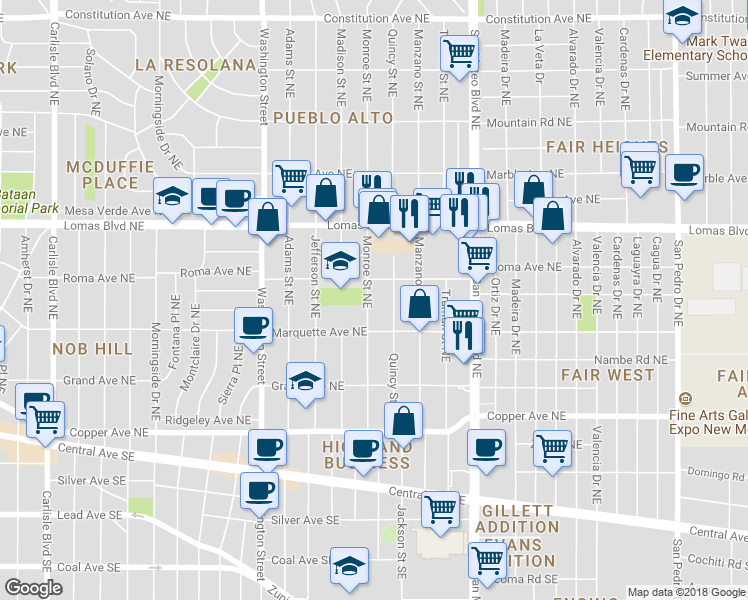 map of restaurants, bars, coffee shops, grocery stores, and more near 435 Quincy Street Northeast in Albuquerque