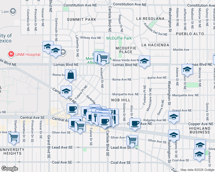 map of restaurants, bars, coffee shops, grocery stores, and more near 432 Amherst Drive Northeast in Albuquerque