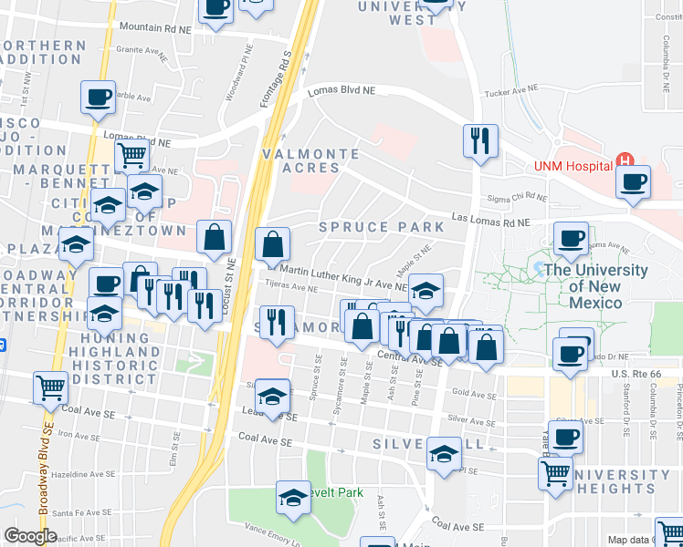 map of restaurants, bars, coffee shops, grocery stores, and more near 404 Ridge Place Northeast in Albuquerque