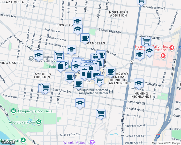 map of restaurants, bars, coffee shops, grocery stores, and more near in Albuquerque