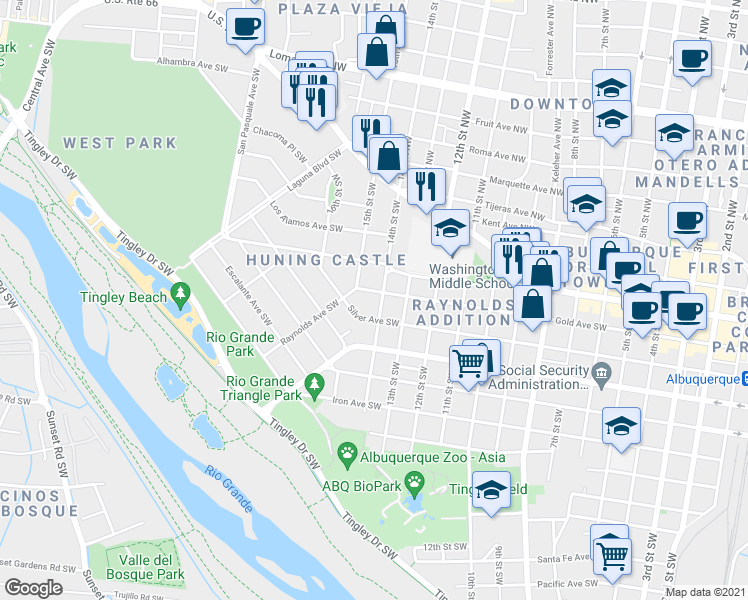 map of restaurants, bars, coffee shops, grocery stores, and more near 400 14th Street Southwest in Albuquerque
