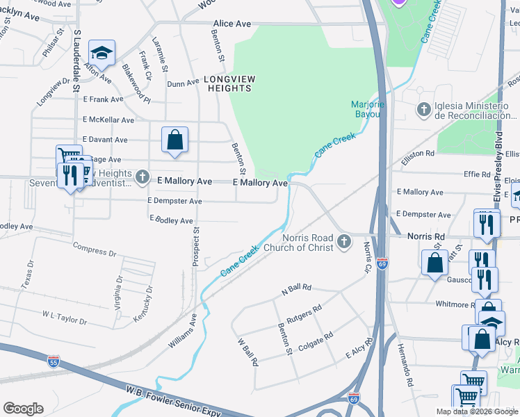 map of restaurants, bars, coffee shops, grocery stores, and more near 897 East Dempster Avenue in Memphis