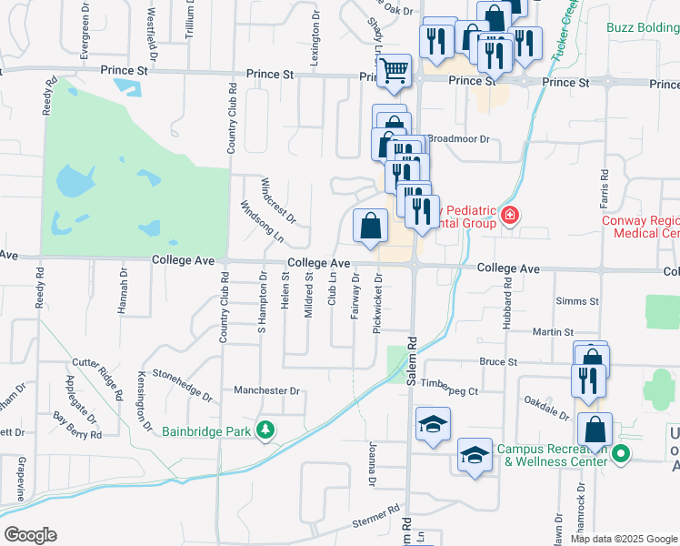 map of restaurants, bars, coffee shops, grocery stores, and more near 100 Club Lane in Conway