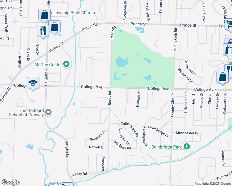 map of restaurants, bars, coffee shops, grocery stores, and more near 3501 College Avenue in Conway