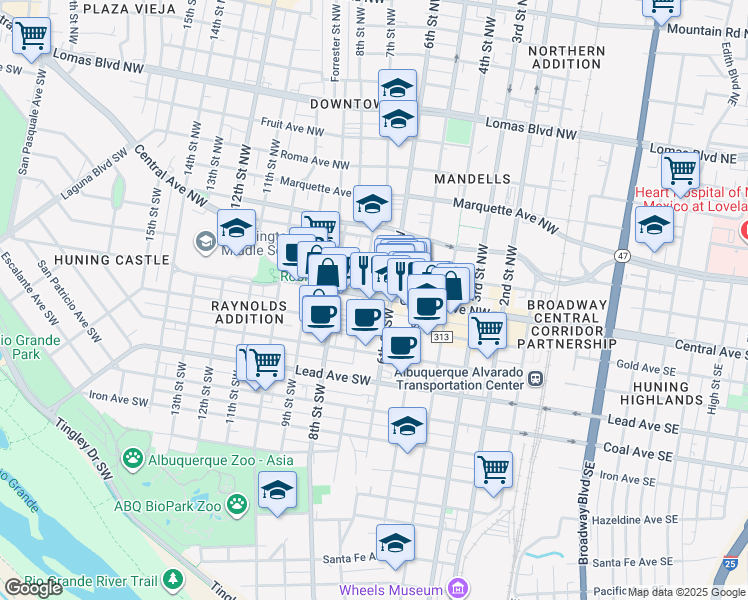 map of restaurants, bars, coffee shops, grocery stores, and more near 506 Central Avenue Southwest in Albuquerque