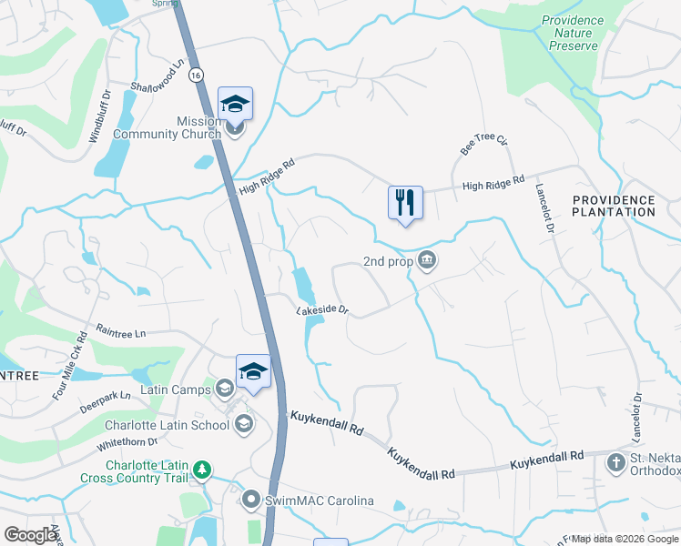 map of restaurants, bars, coffee shops, grocery stores, and more near 9027 Alpine Circle in Charlotte