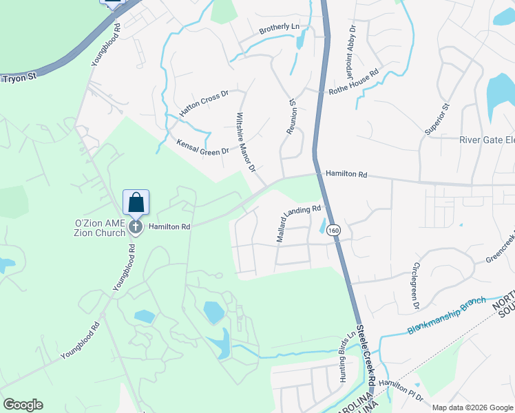 map of restaurants, bars, coffee shops, grocery stores, and more near 13501 Hamilton Road in Charlotte