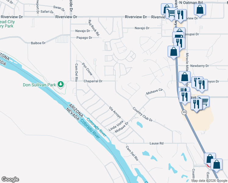 map of restaurants, bars, coffee shops, grocery stores, and more near 2519 Country Club Drive in Bullhead City
