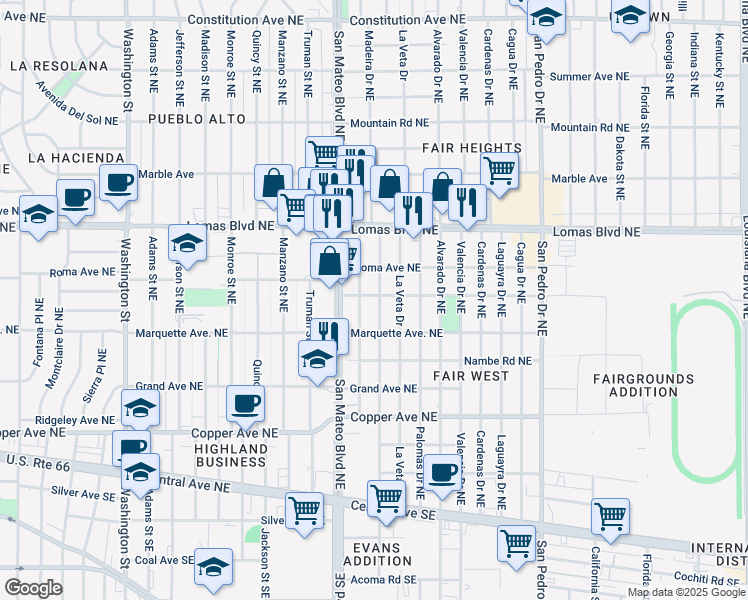 map of restaurants, bars, coffee shops, grocery stores, and more near 801 La Veta Drive in Albuquerque