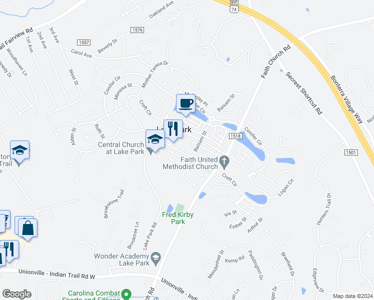 map of restaurants, bars, coffee shops, grocery stores, and more near 6112 Creft Circle in Indian Trail