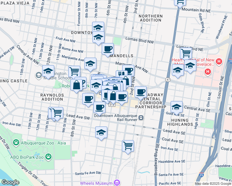 map of restaurants, bars, coffee shops, grocery stores, and more near in Albuquerque