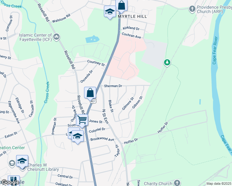 map of restaurants, bars, coffee shops, grocery stores, and more near 1917 Mimosa Lane in Fayetteville