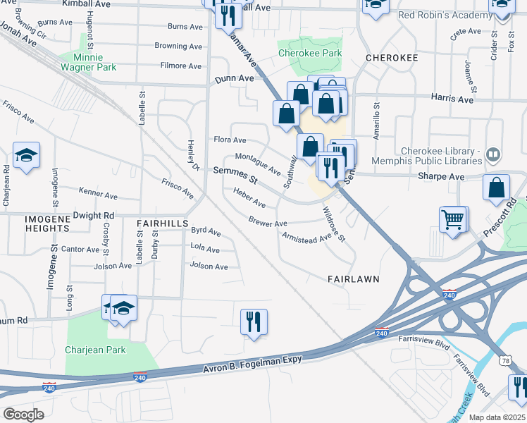 map of restaurants, bars, coffee shops, grocery stores, and more near 2875 Heber Ave in Memphis
