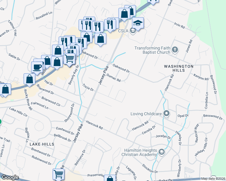 map of restaurants, bars, coffee shops, grocery stores, and more near 4712 Mary Hall Lane in Chattanooga