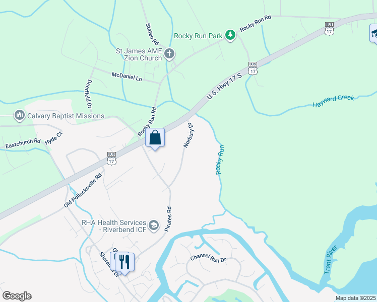 map of restaurants, bars, coffee shops, grocery stores, and more near 115 Norbury Drive in New Bern