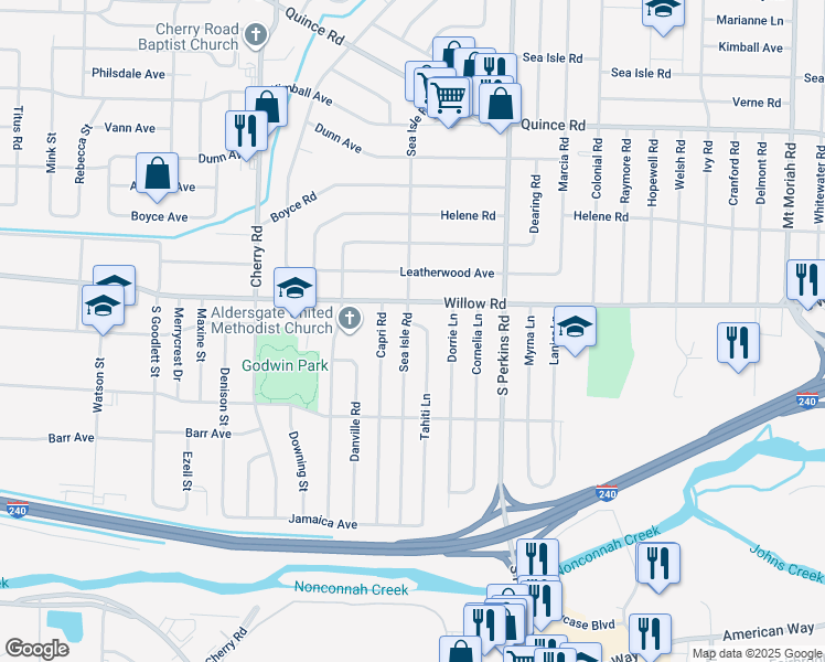 map of restaurants, bars, coffee shops, grocery stores, and more near 1714 Tahiti Lane in Memphis