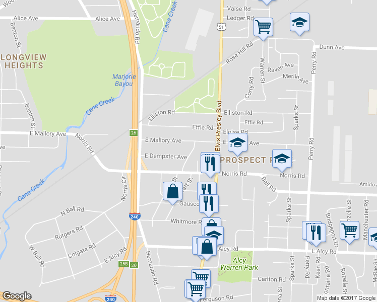 map of restaurants, bars, coffee shops, grocery stores, and more near 2219 Pratt Street in Memphis