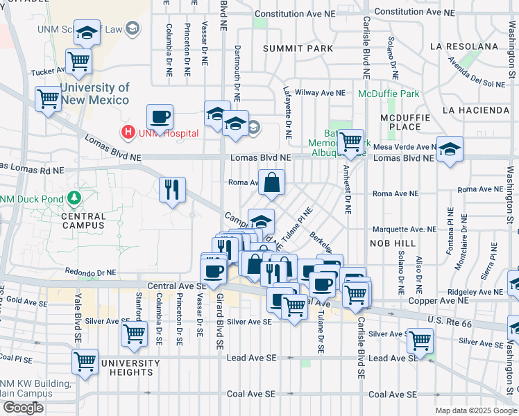 map of restaurants, bars, coffee shops, grocery stores, and more near 427 Lafayette Place Northeast in Albuquerque