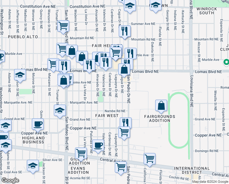 map of restaurants, bars, coffee shops, grocery stores, and more near 725 Laguayra Drive Northeast in Albuquerque