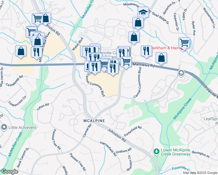 map of restaurants, bars, coffee shops, grocery stores, and more near 11111 Carmel Commons Boulevard in Charlotte