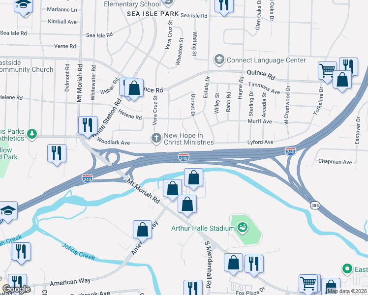 map of restaurants, bars, coffee shops, grocery stores, and more near 5221 Newton Oak Circle East in Memphis