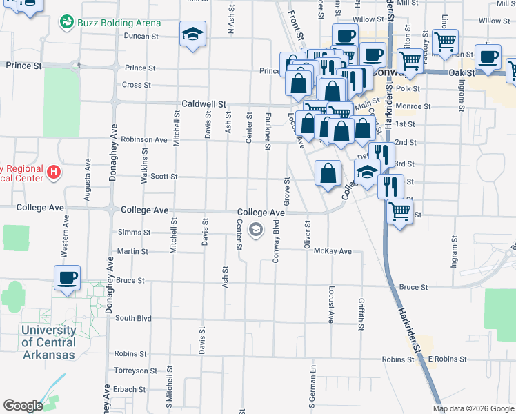 map of restaurants, bars, coffee shops, grocery stores, and more near 1512 College Avenue in Conway
