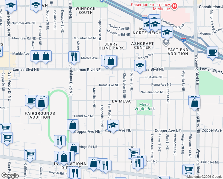 map of restaurants, bars, coffee shops, grocery stores, and more near 632 San Pablo Street Northeast in Albuquerque