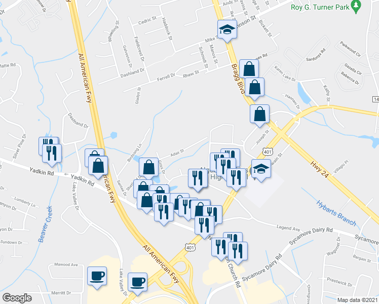 map of restaurants, bars, coffee shops, grocery stores, and more near 618 Adair Street in Fayetteville